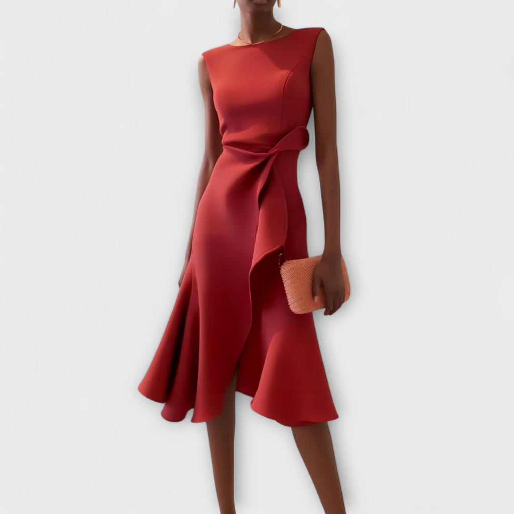 Women's Draped Asymmetric Midi Dress - Elegant Drape Dress