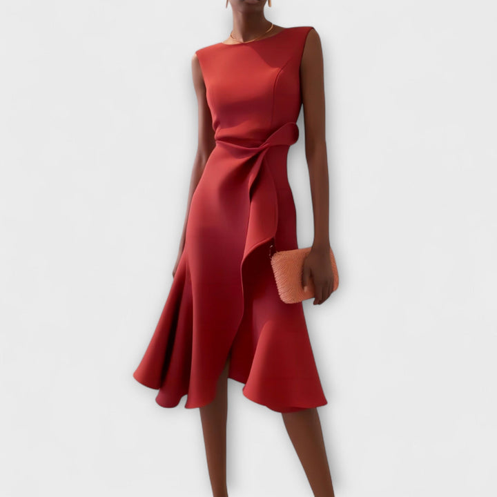 Women's Draped Asymmetric Midi Dress - Elegant Drape Dress