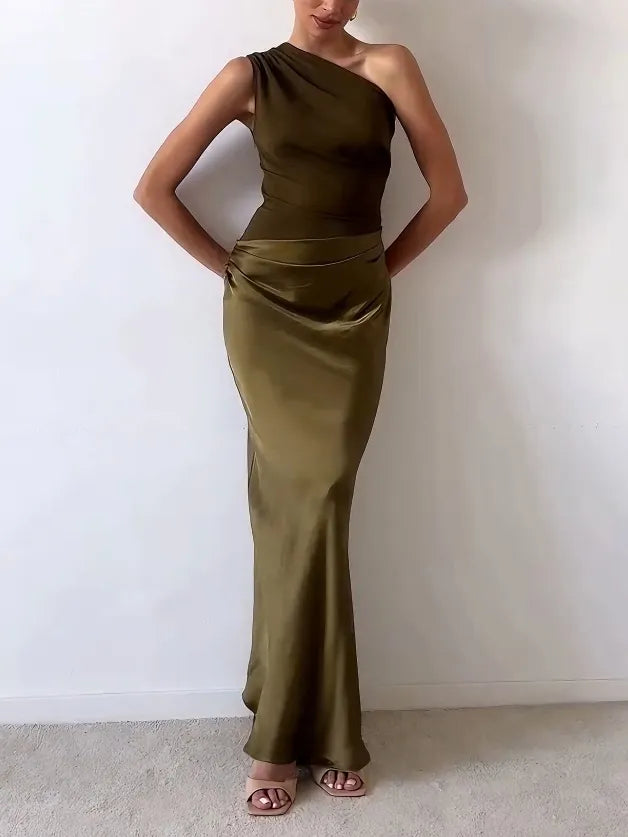 Women's Elegant One Shoulder Pleated Party Maxi Dress