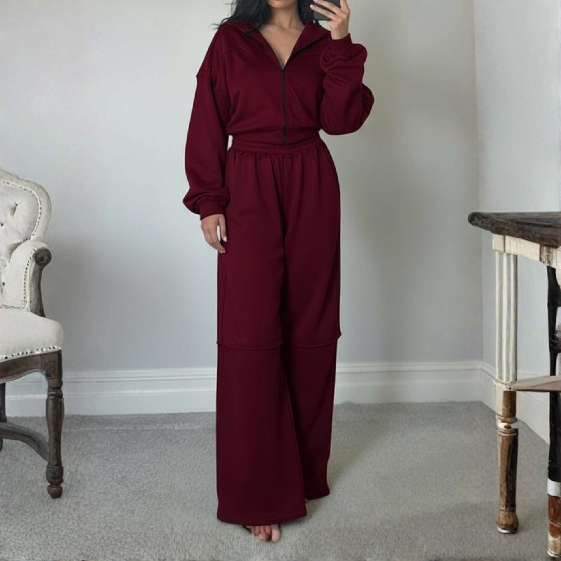 DARA™ - Comfy Zip Up Hooded Sweatshirt and Elastic Waist Pants Set