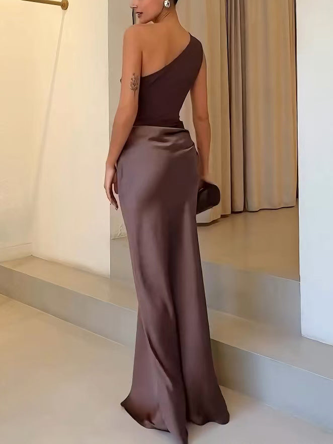 Women's Elegant One Shoulder Pleated Party Maxi Dress