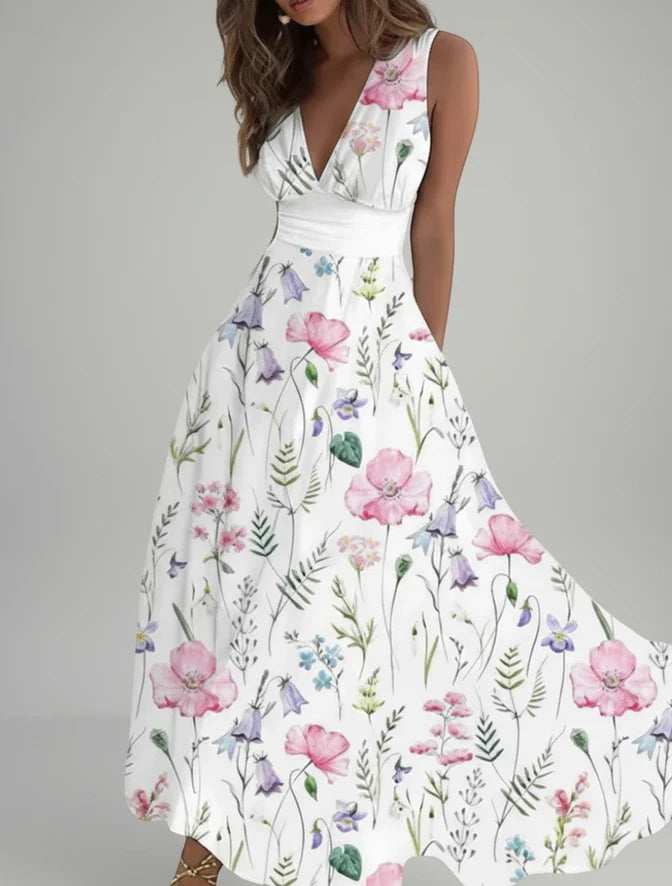 Floral V-Neck A-Line Midi Dress for Women