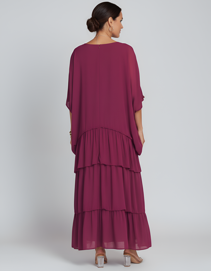 Women's Tiered Maxi Dress with Batwing Sleeves