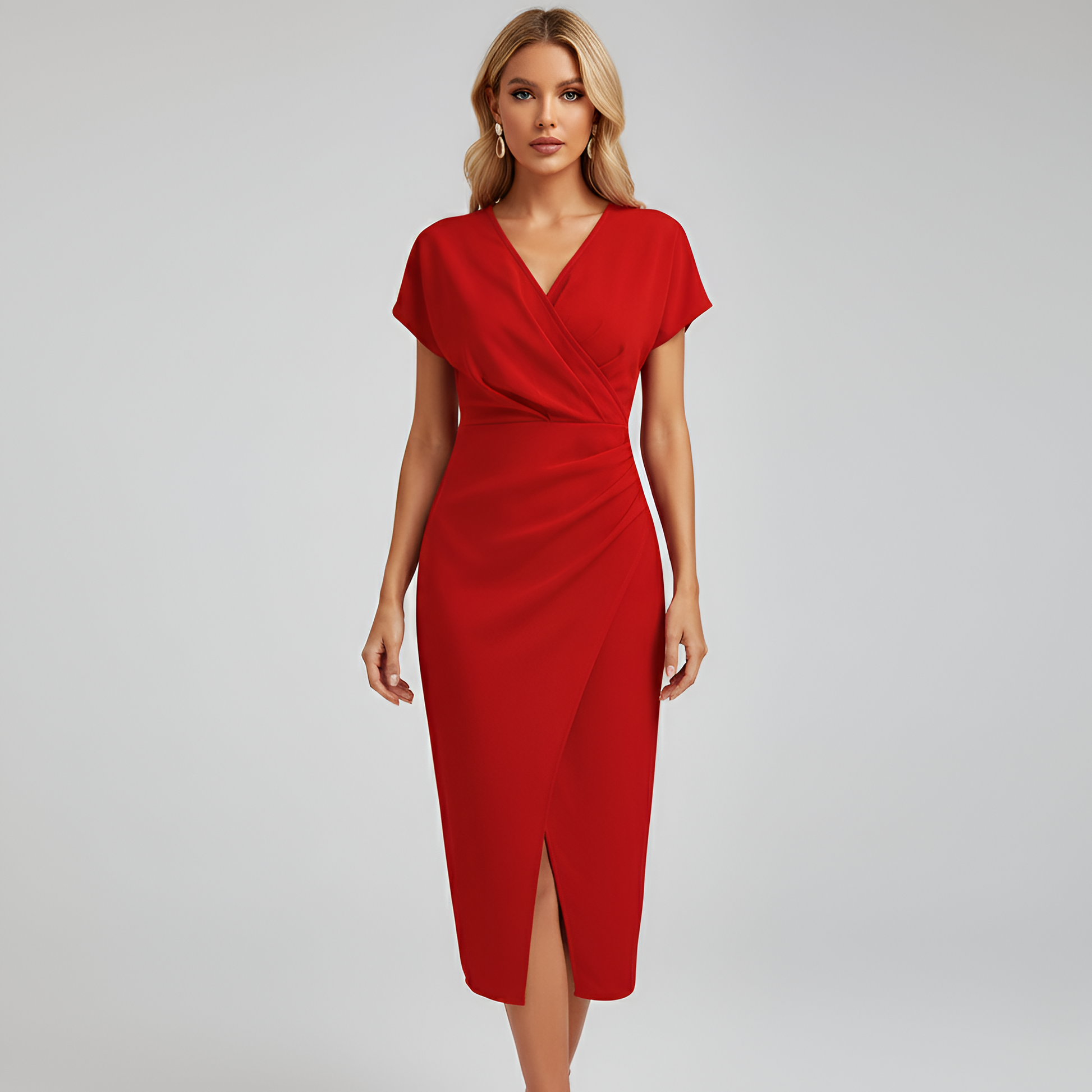 Women's Wrap-Front V-Neck Midi Dress with Short Sleeves