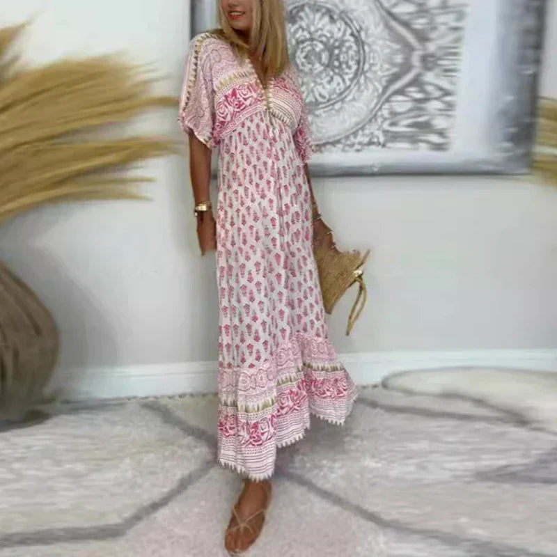 Maxi Dress for Women – Boho Print V-Neck | Loose Fit & Short Sleeves