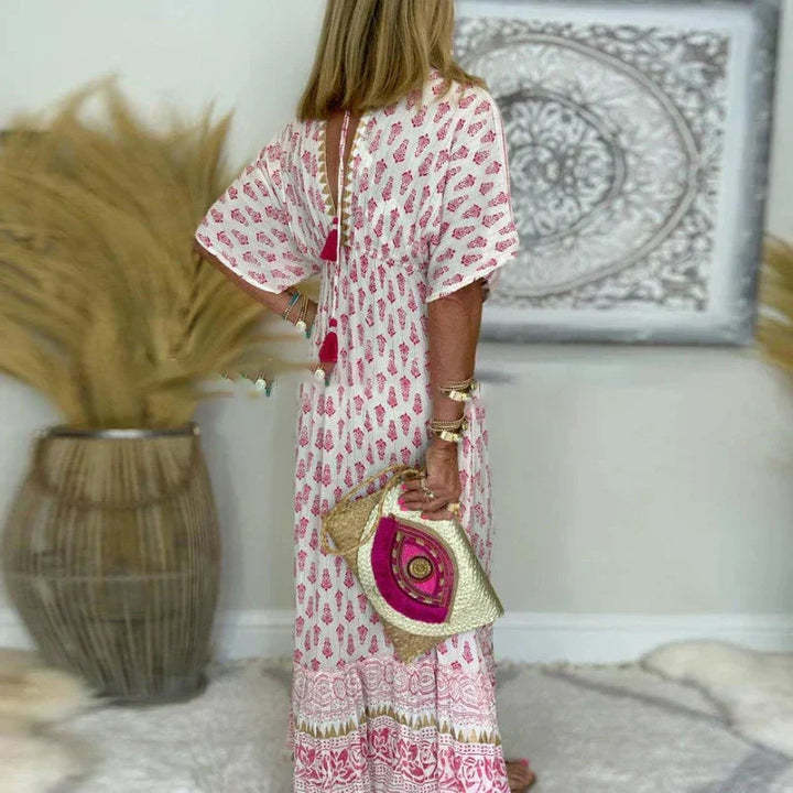 Maxi Dress for Women – Boho Print V-Neck | Loose Fit & Short Sleeves