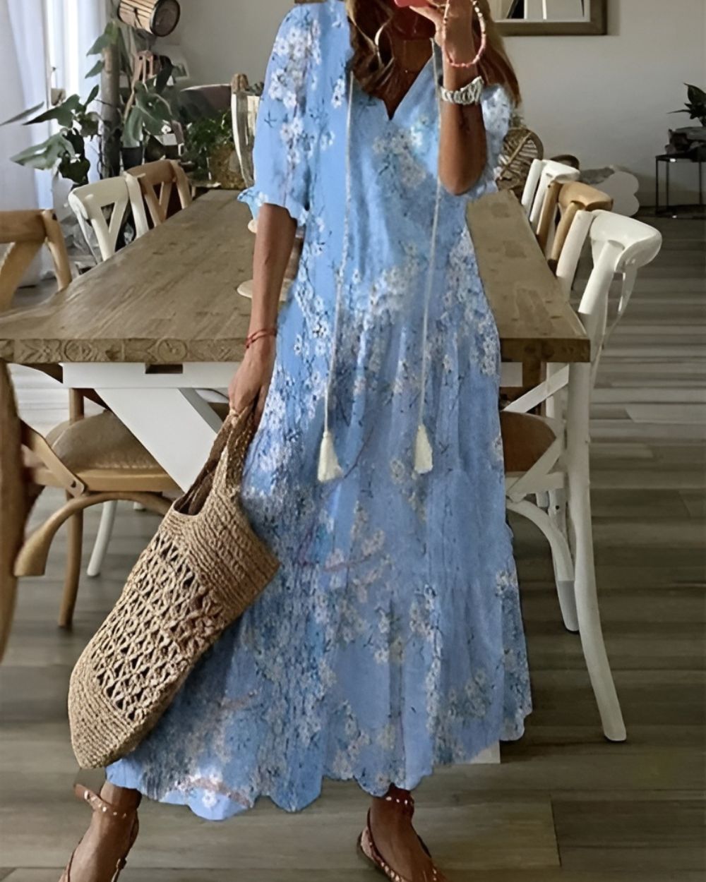 Maxi Dress for Women – Boho V-Neck | Tassel Tie & Short Sleeves