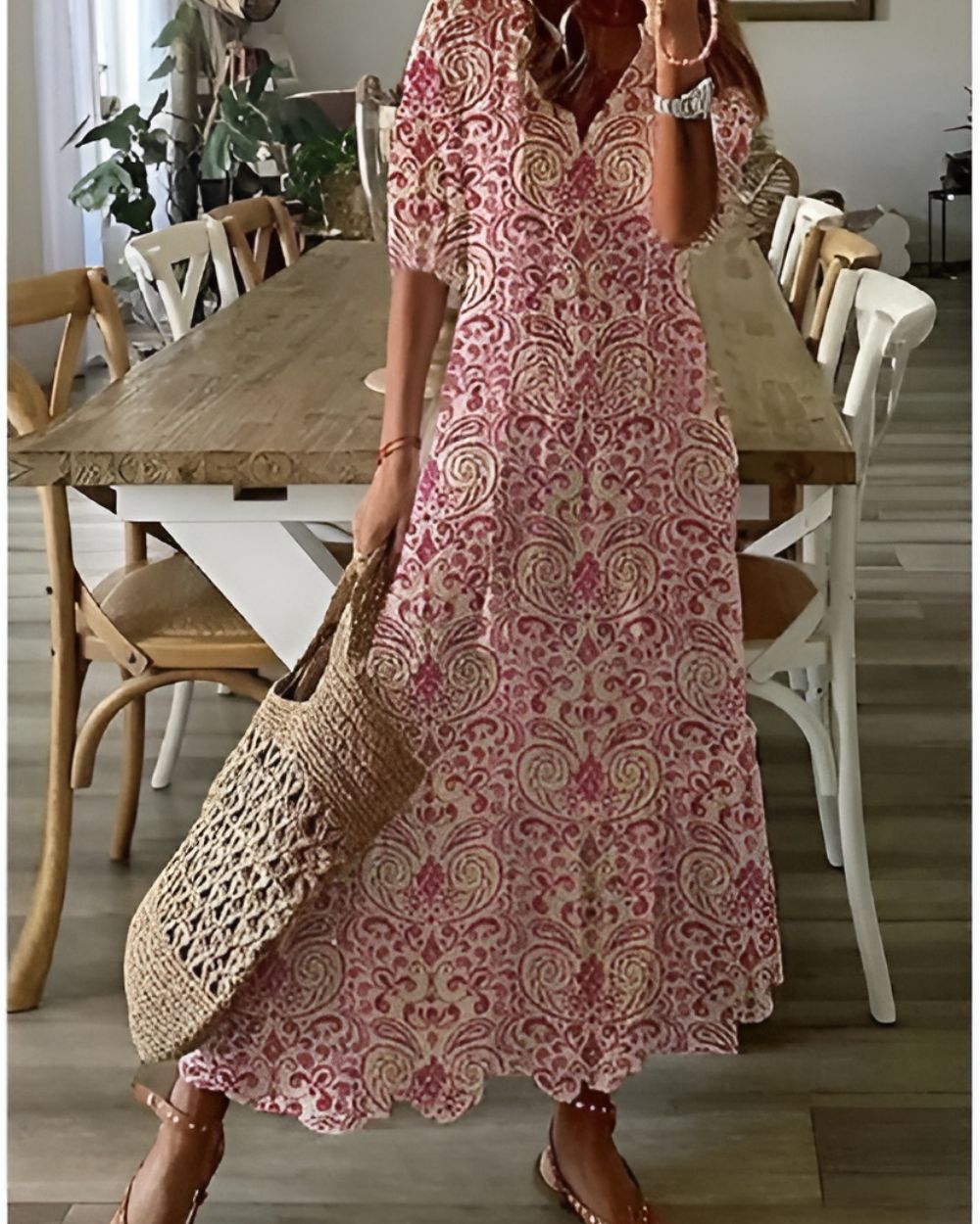 Maxi Dress for Women – Boho V-Neck | Tassel Tie & Short Sleeves