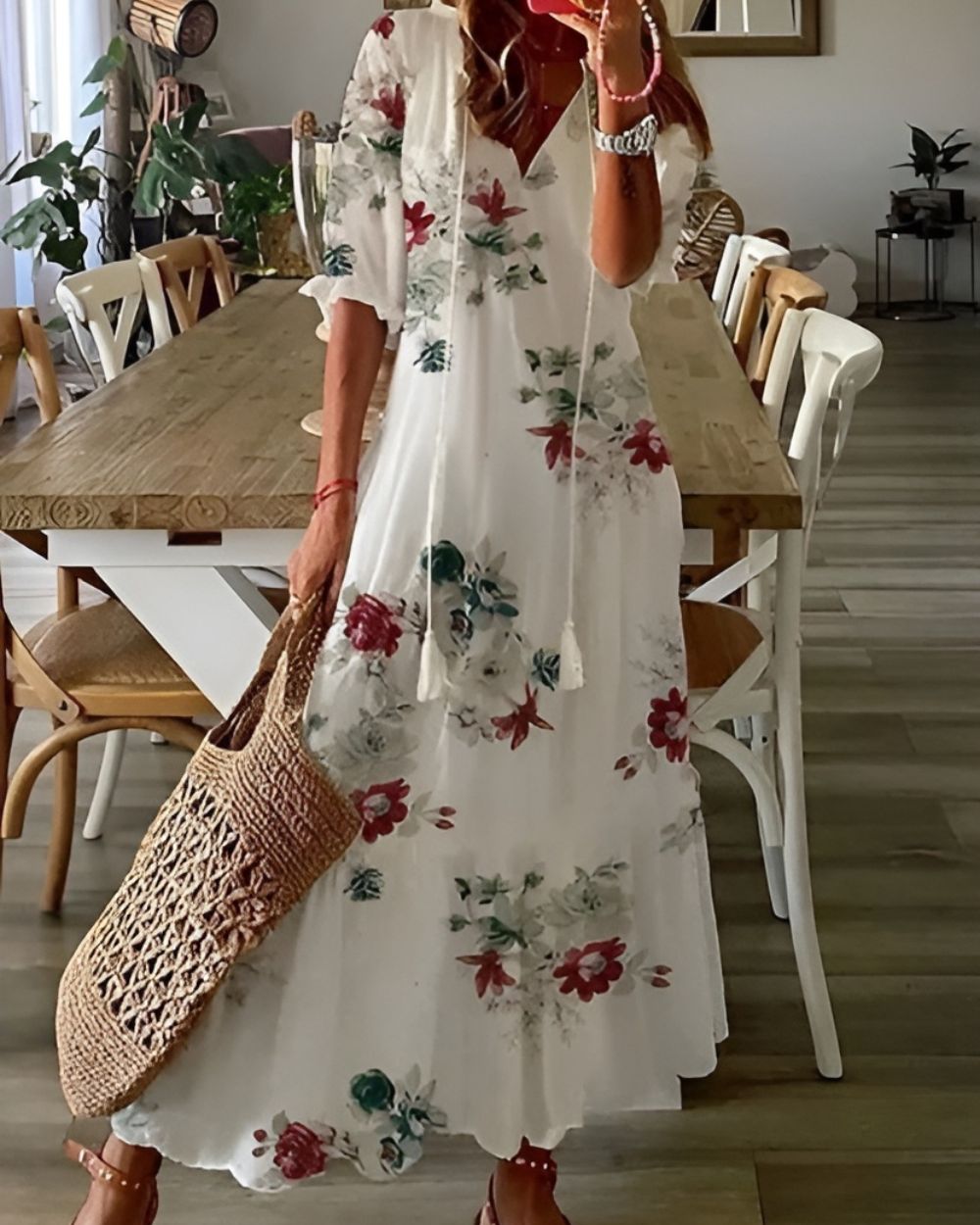 Maxi Dress for Women – Boho V-Neck | Tassel Tie & Short Sleeves