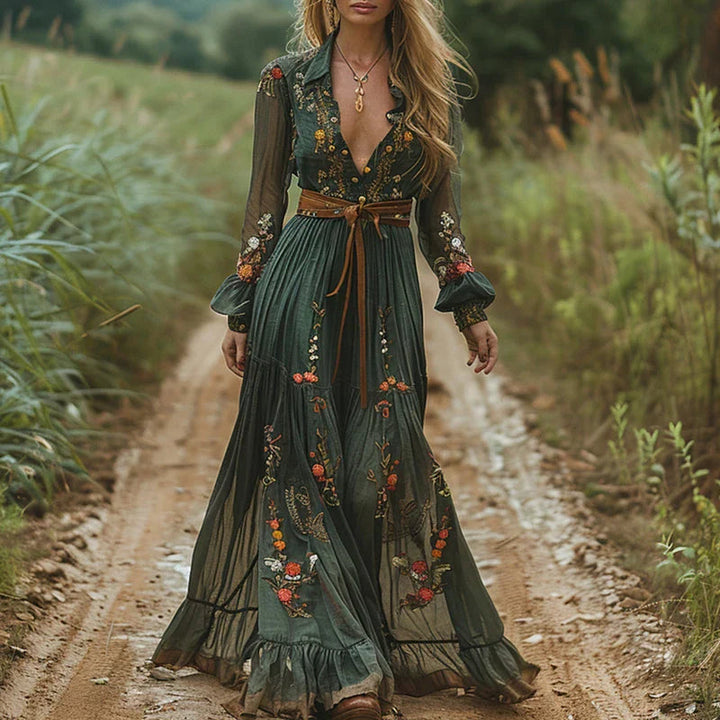 Maxi Dress for Women – Floral Embroidered V Neck | Long Sheer Sleeves & Belted Waist