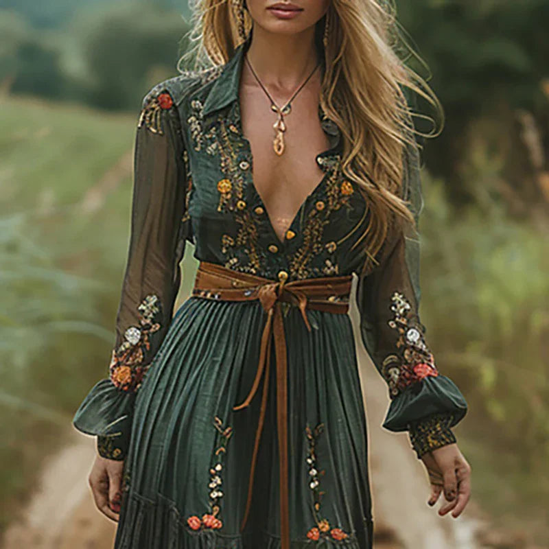 Maxi Dress for Women – Floral Embroidered V Neck | Long Sheer Sleeves & Belted Waist