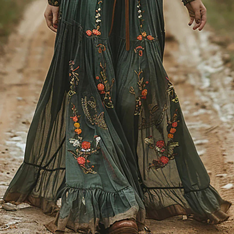 Maxi Dress for Women – Floral Embroidered V Neck | Long Sheer Sleeves & Belted Waist
