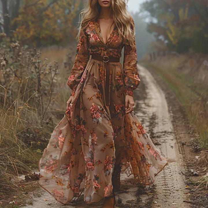 Maxi Dress for Women – Floral Embroidered V Neck | Long Sheer Sleeves & Belted Waist