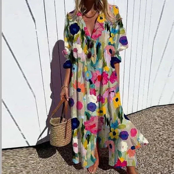 Maxi Dress for Women – Floral Print V-Neck | Long Sleeve & Front Slit