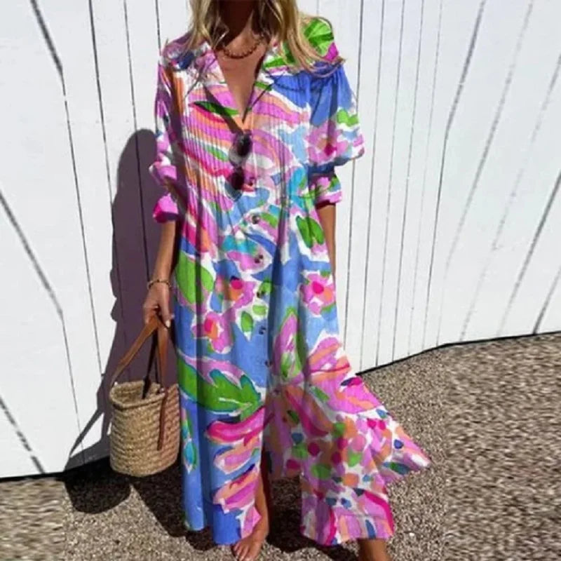 Maxi Dress for Women – Floral Print V-Neck | Long Sleeve & Front Slit