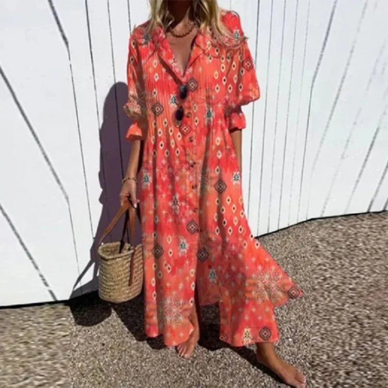 Maxi Dress for Women – Floral Print V-Neck | Long Sleeve & Front Slit