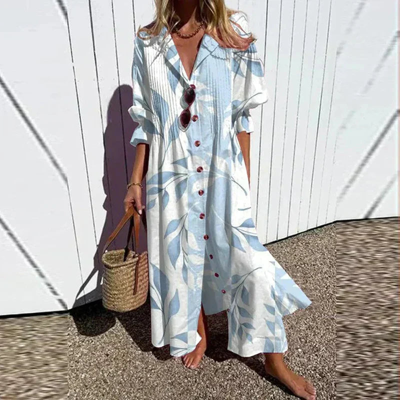 Maxi Dress for Women – Floral Print V-Neck | Long Sleeve & Front Slit