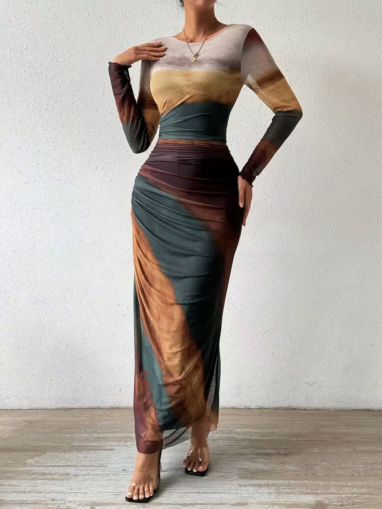 TORINA™ - Comfy Printed Long Sleeve Round Neck Bodycon Maxi Dress