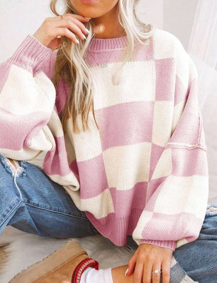 REVERIE™ - Casual Plaid Long Sleeve Round Neck Sweater