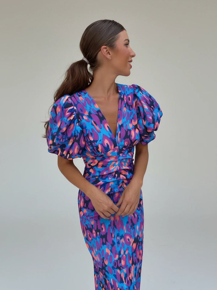 Puff Sleeve Printed Cocktail Midi Dress for Women