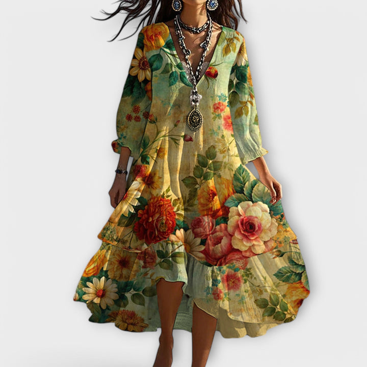 Summer Dresses for Women – V-Neck Floral Print | Tiered Hem & 3/4 Sleeves