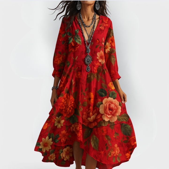 Summer Dresses for Women – V-Neck Floral Print | Tiered Hem & 3/4 Sleeves