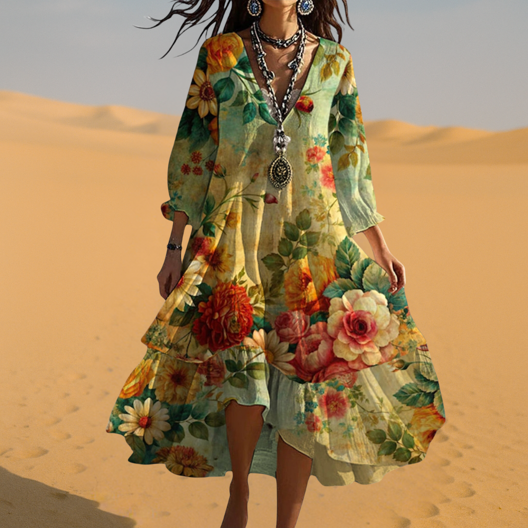 Summer Dresses for Women – V-Neck Floral Print | Tiered Hem & 3/4 Sleeves