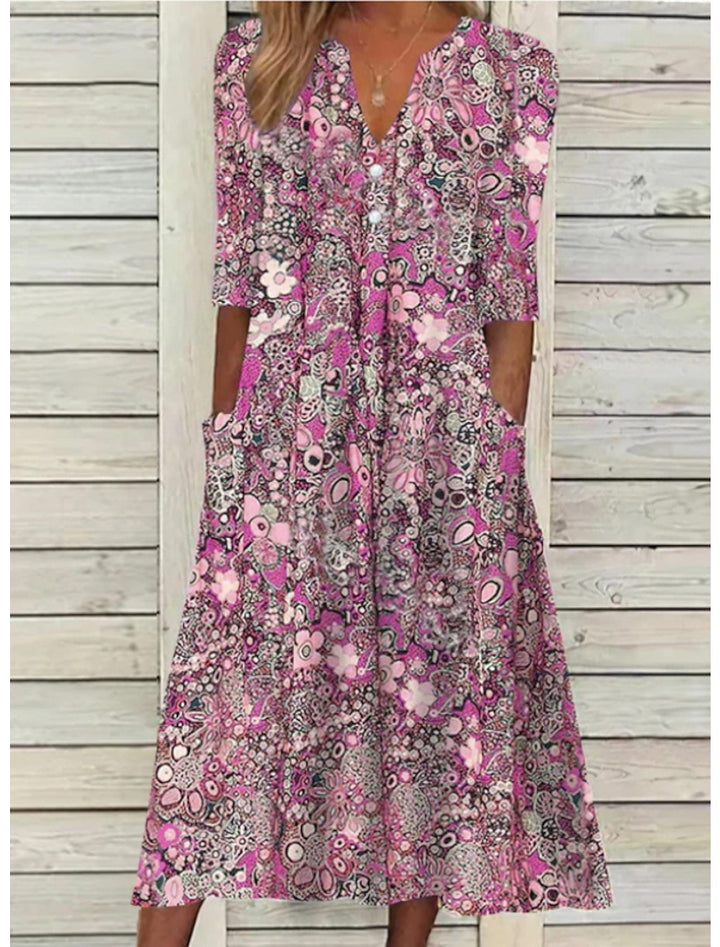 Summer Dresses for Women – V-Neck Printed Design | Relaxed Fit & Side Pockets