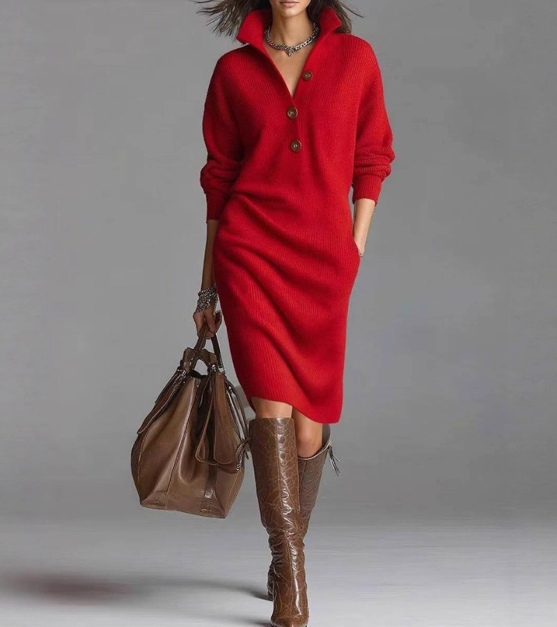Anne | Women's High Neck Sweater Midi Dress