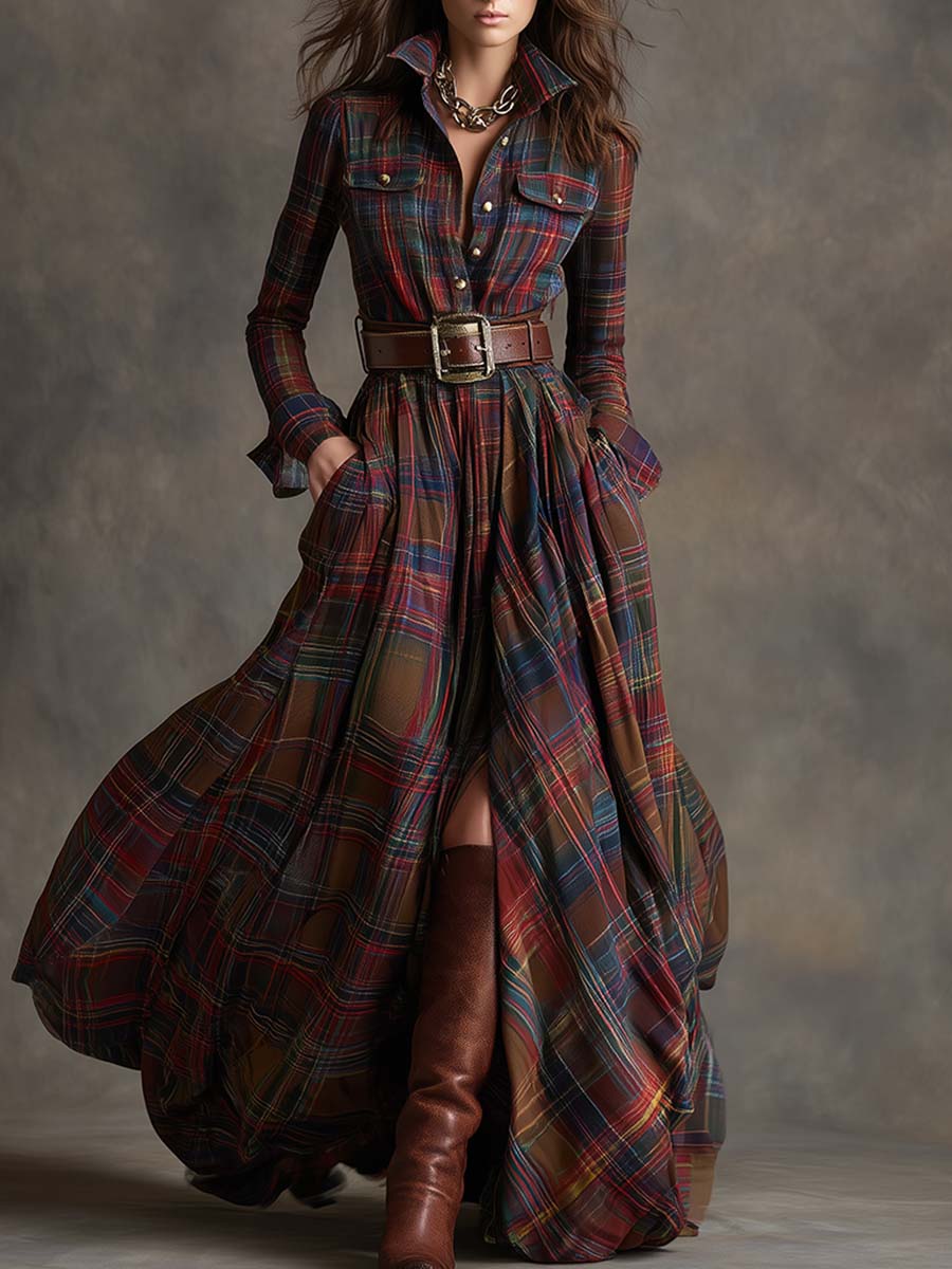 Gabriella | Women's Belted Plaid Maxi Dress