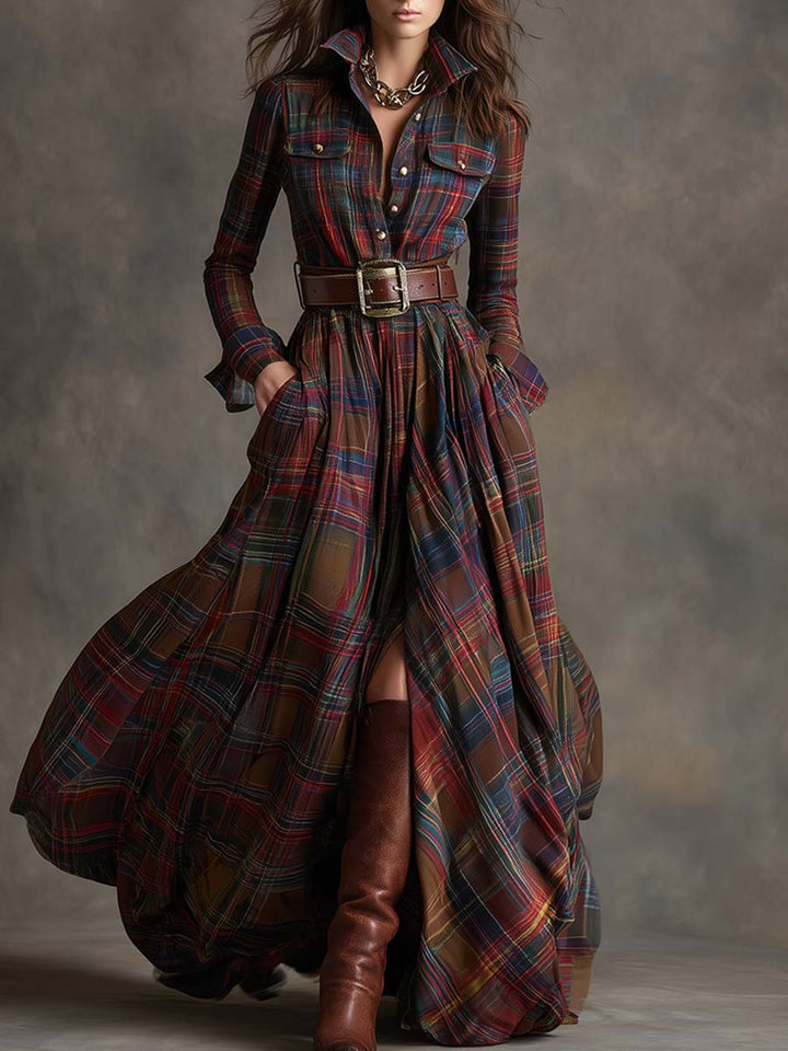 Gabriella | Women's Belted Plaid Maxi Dress