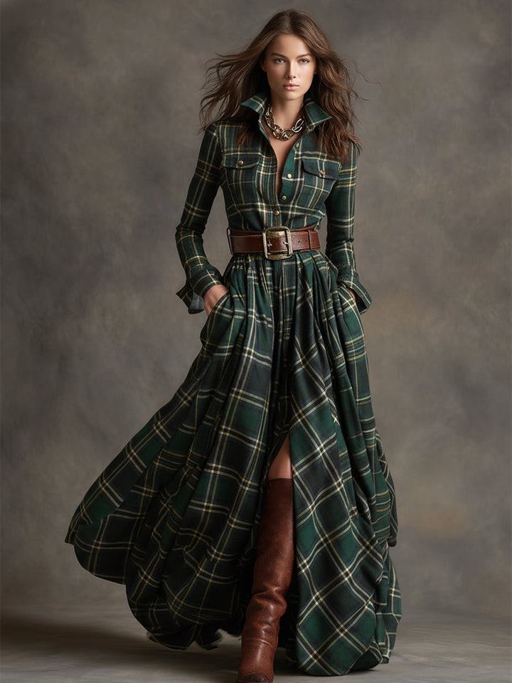Gabriella | Women's Belted Plaid Maxi Dress
