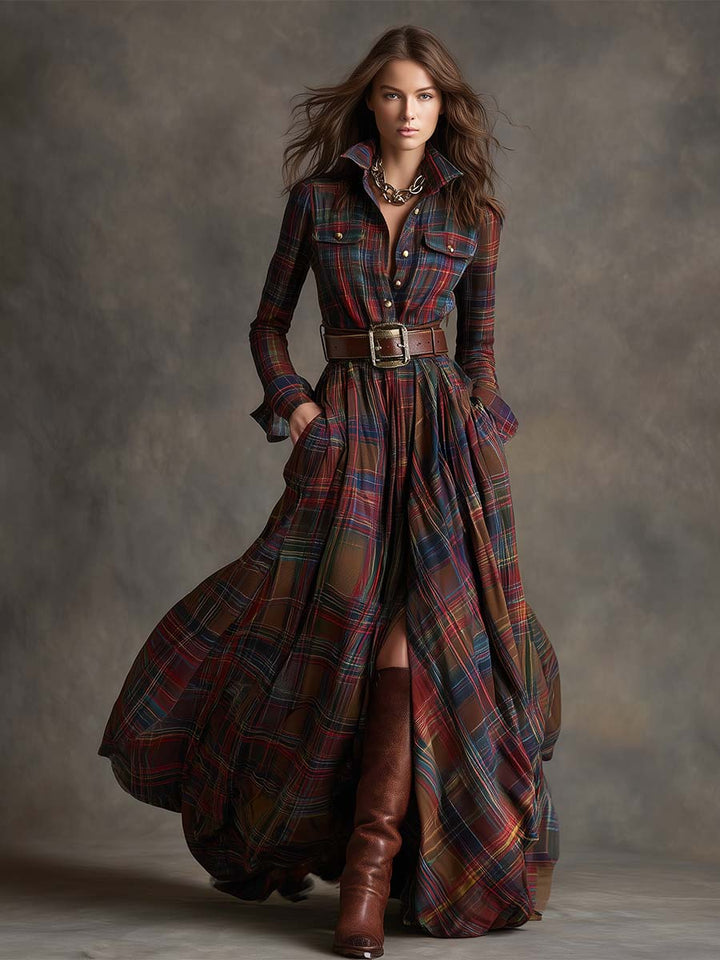 Gabriella | Women's Belted Plaid Maxi Dress