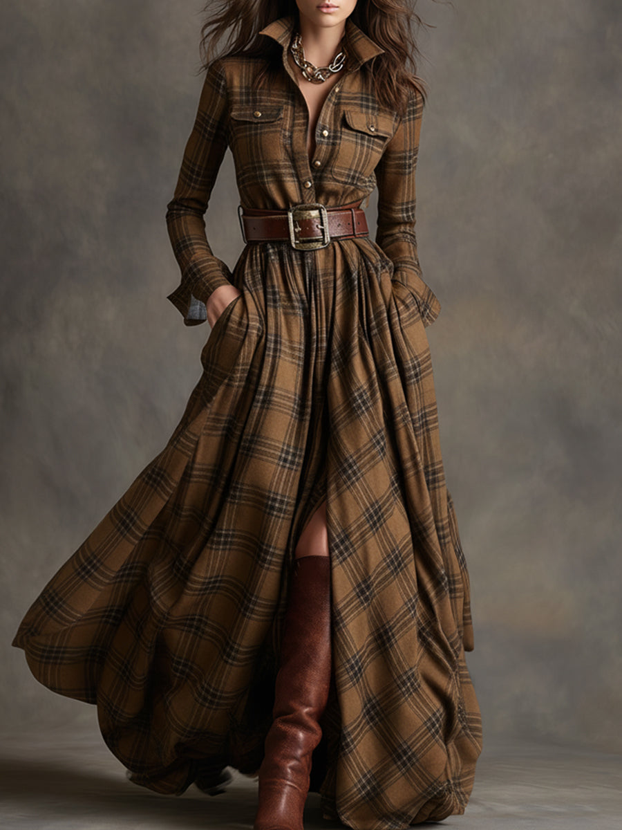 Gabriella | Women's Belted Plaid Maxi Dress