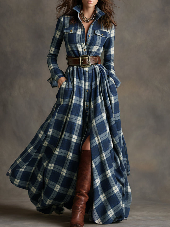 Gabriella | Women's Belted Plaid Maxi Dress