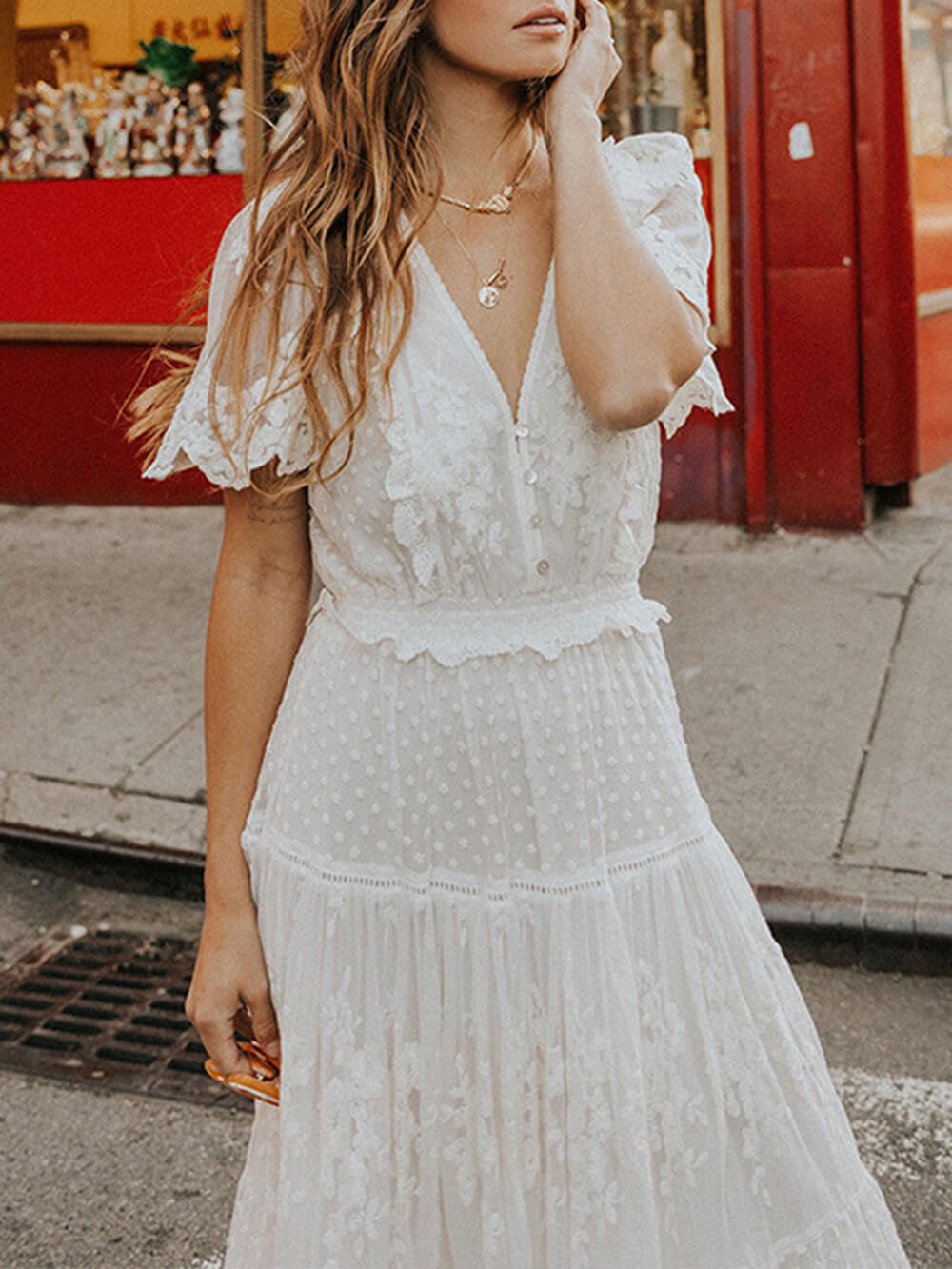 Hazel | Women's V-Neck Lace A-Line Midi Dress