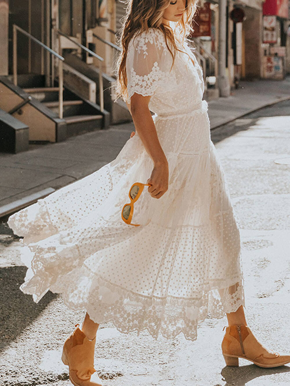 Hazel | Women's V-Neck Lace A-Line Midi Dress