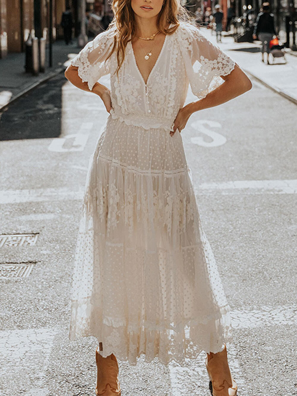 Hazel | Women's V-Neck Lace A-Line Midi Dress