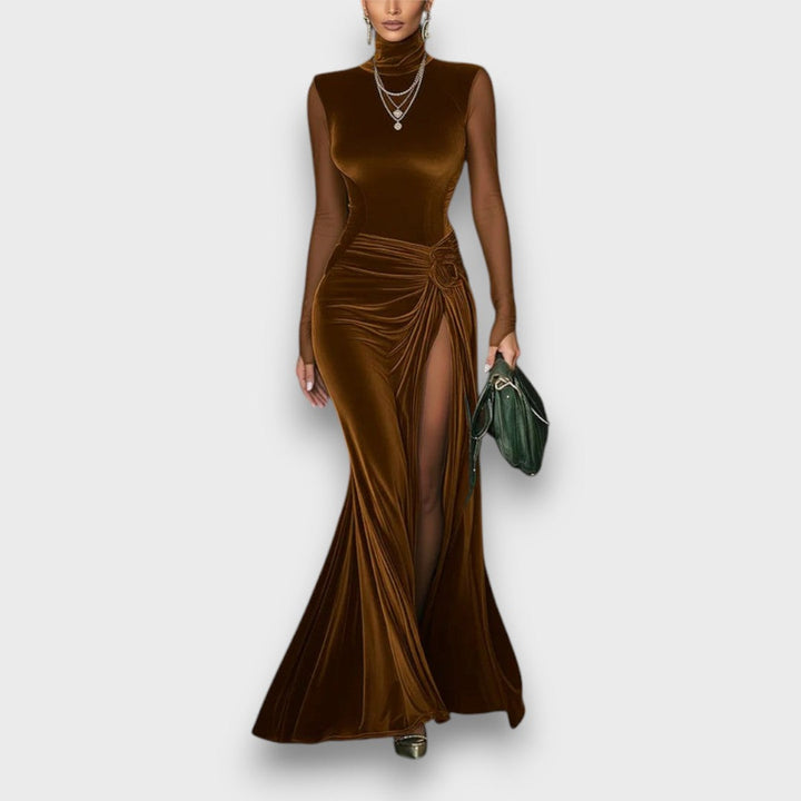Elaria – Emerald Velvet Mesh-Sleeve Maxi Dress