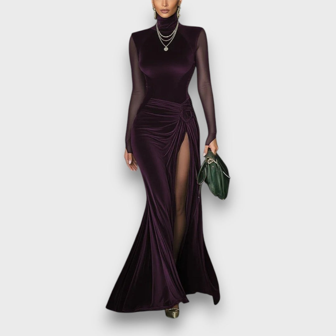Elaria – Emerald Velvet Mesh-Sleeve Maxi Dress