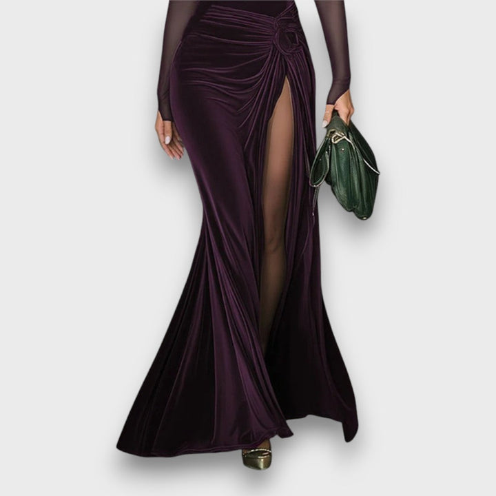 Elaria – Emerald Velvet Mesh-Sleeve Maxi Dress