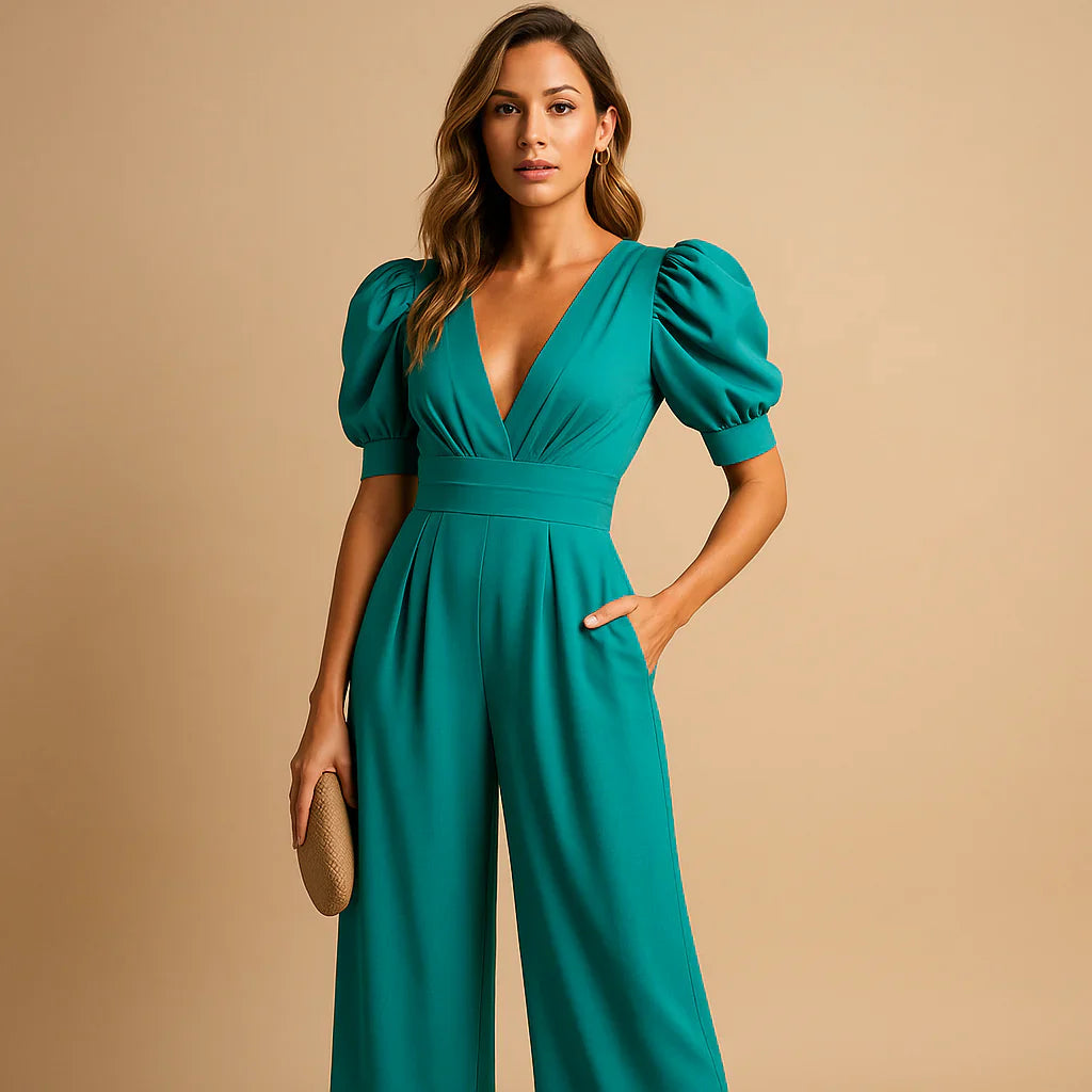 Jennifer | Women's V-Neck Puff Sleeve Wide Leg Jumpsuit