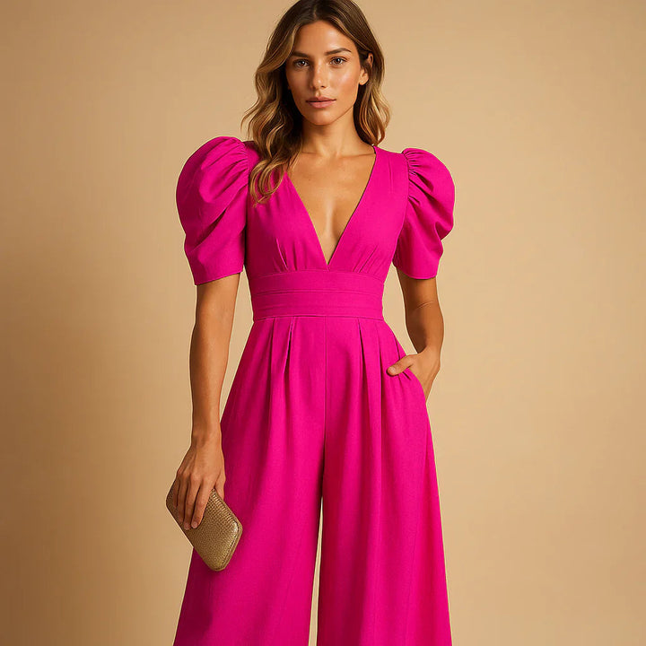 Jennifer | Women's V-Neck Puff Sleeve Wide Leg Jumpsuit
