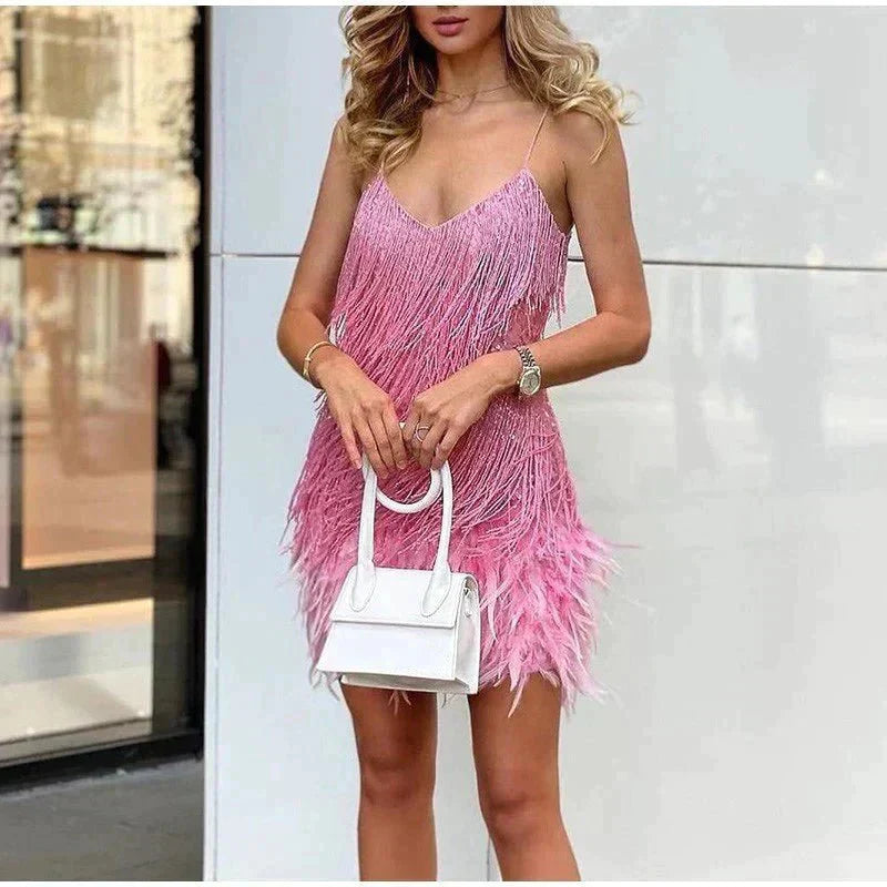 Katrina | Women's V-Neck Fringe Mini Dress